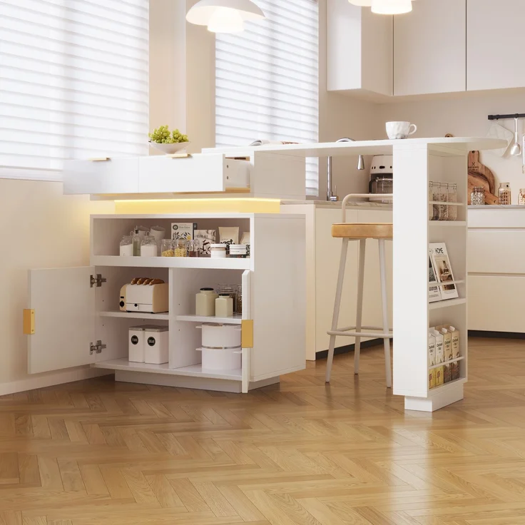 Merax Ausziehbarer Bartisch (115-183 × 40 × 99 cm), ausziehbare Kücheninsel, Bartisch mit Stauraum, LED‑Beleuchtung, 360° Drehfunktion, mobile Kaffeebar, geeignet für Küche und Esszimmer, Weiß – Bild 5