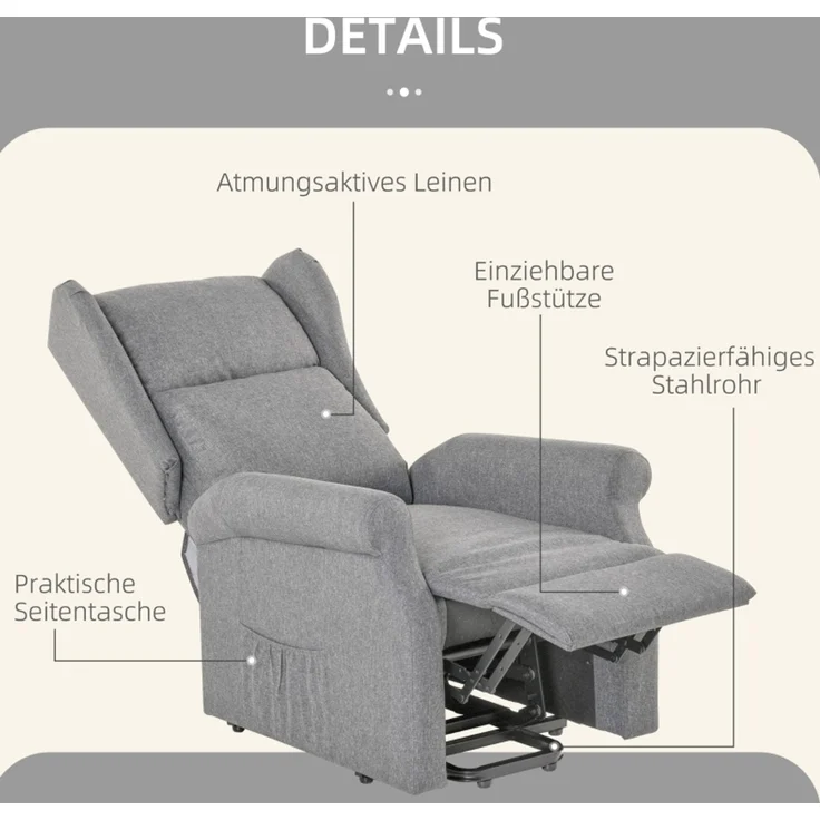 Relaxsessel mit elektrischer Aufstehhilfe & Liegefunktion, 74x94x111 cm, Grau – Bild 5