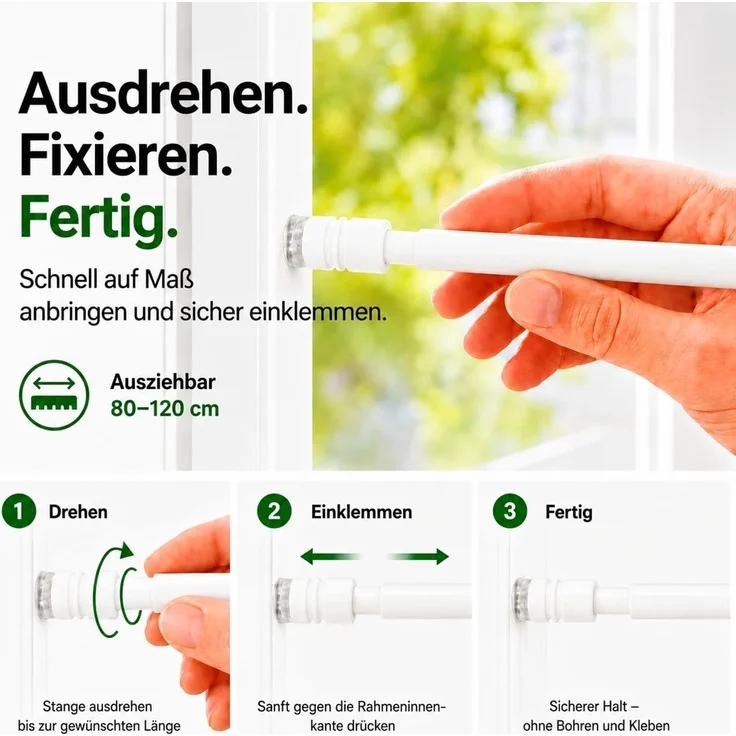 Bestlivings Gardinenstange zum Klemmen ohne Bohren, Klemmstange 80-120 cm, Weiß, Ø 10 mm, für Scheiben- & Bistrogardinen, Teleskopstange mit Schraubtechnik – Bild 2