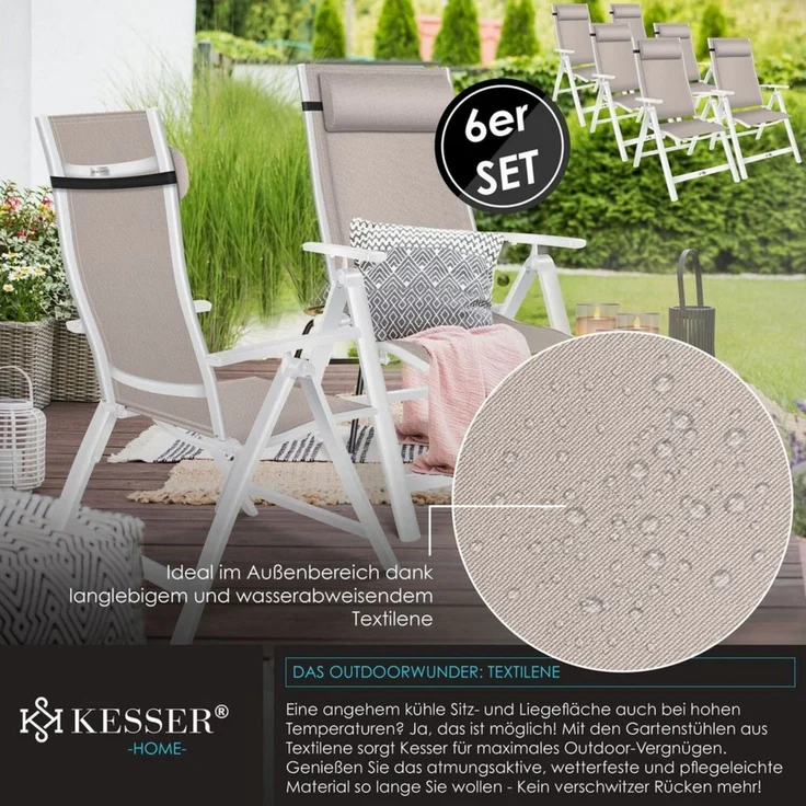 KESSER Gartenstuhl-Set 6-tlg., Hochlehner klappbar mit 7-fach verstellbarer Rückenlehne & Armlehnen, Aluminium taupe, inkl. Kopfkissen – Bild 2