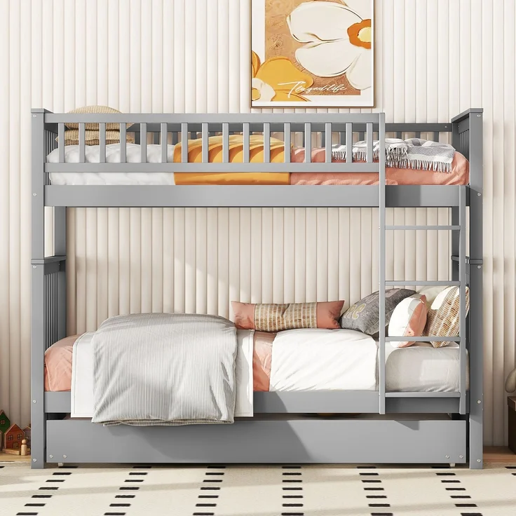 Etagenbett 90x200 cm mit Ausziehbett und Treppe, Kinderbett mit hoher Absturzsicherung,abnehmbares Massivholzbett mit stabilem Rahmen,Grau – Bild 3