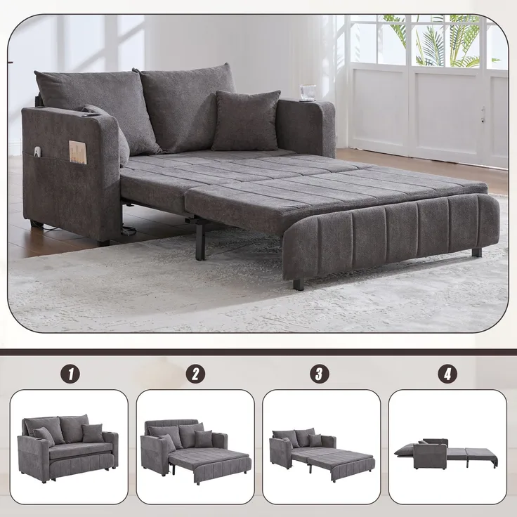 Wohnora-Multifunktionales Stoffsofa, ausziehbares Klappsofa, als Sofa oder Bett nutzbar, mit Aufbewahrungstaschen an den Armlehnen, USB-Ladefunktion und Getränkehaltern (grauer Chenille-Stoff),H 83cm x T 139cm x B 73cm,Grau