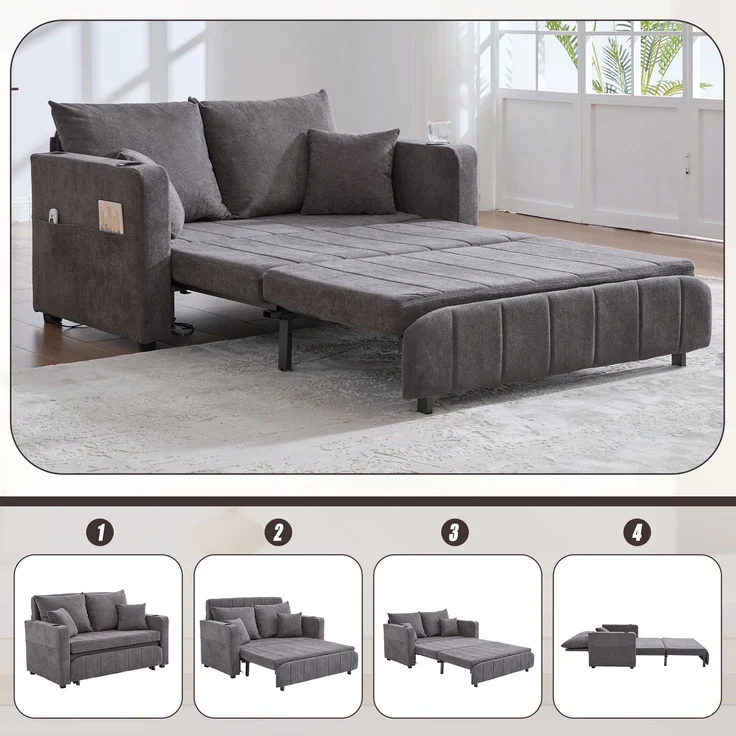 Wohnora-Multifunktionales Stoffsofa, ausziehbares Klappsofa, als Sofa oder Bett nutzbar, mit Aufbewahrungstaschen an den Armlehnen, USB-Ladefunktion und Getränkehaltern (grauer Chenille-Stoff),H 83cm x T 139cm x B 73cm,Grau – Bild 1