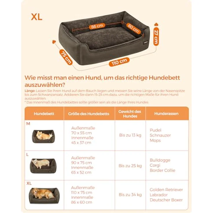 Feandrea Hundebett, Hundekissen in Leinenoptik, Hundekorb, erhöhte Ränder, rutschfeste Unterseite, Bezug abnehmbar waschbar, XL, für große Hunde, 110 x 75 x 27 cm, braun PGW12CC – Bild 6