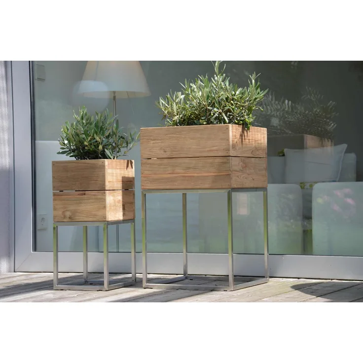 Pflanzenbehälter Mini Garden aus recyceltem Teak, modern, natur, für Outdoor, 25 x 25 x 53 cm