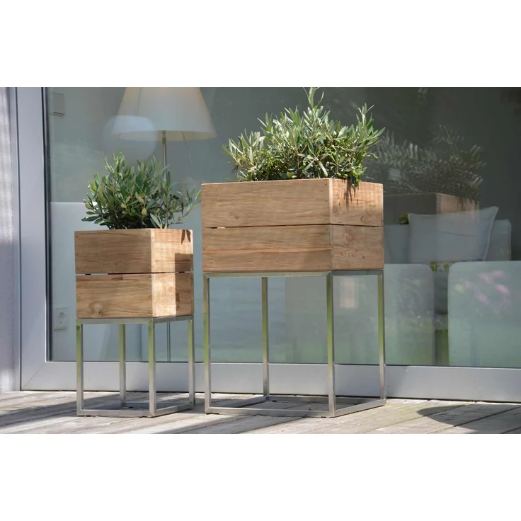 Pflanzenbehälter Mini Garden aus recyceltem Teak, modern, natur, für Outdoor, 25 x 25 x 53 cm