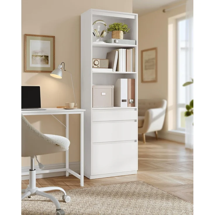 VASAGLE Bücherregal, Hochschrank, 3 unterschiedlich große Schubladen, verstellbare Ablagen, 180 cm hoch, für Wohnzimmer Schlafzimmer Arbeitszimmer, modern, platzsparend, schneeweiß LBC188W01 – Bild 6