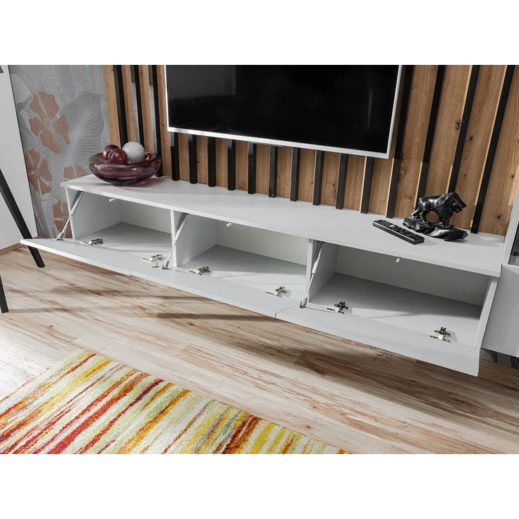 Wohnwand Verti mit Beleuchtung in Perla Gray und Artrisan mit Lamellenplatte 220 x 148 x 35 cm 3-teilig – Bild 8