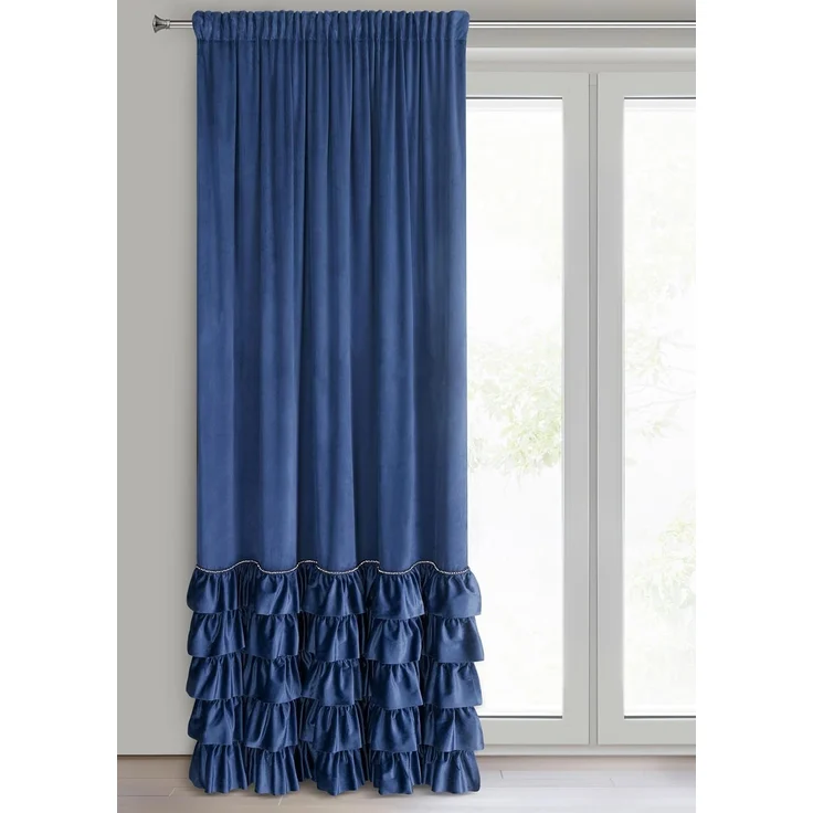 Vorhang CARLI mit Rüsche Velours Samtvorhänge dunkelblau 140x270 cm Kräuselband