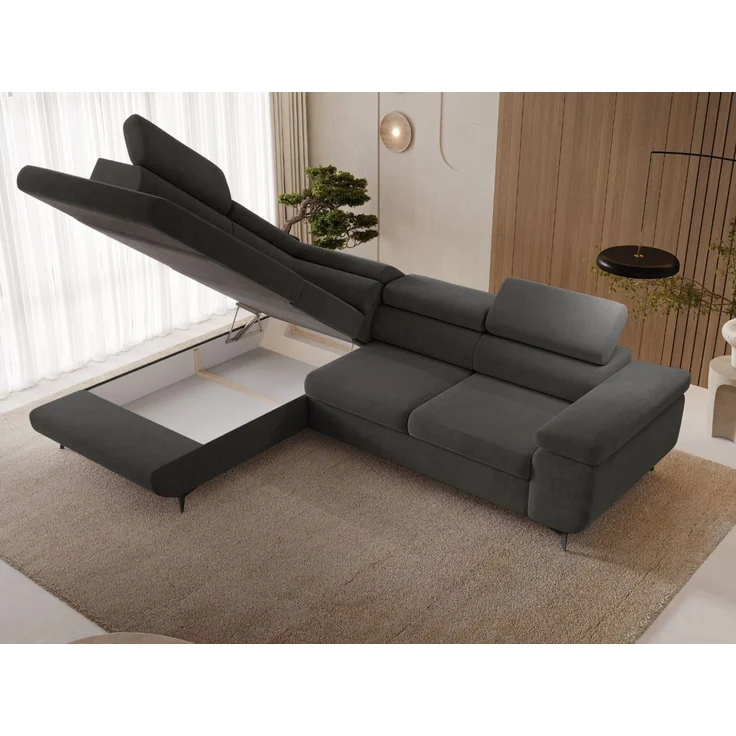 GRAINGOLD Ecksofa mit Bettfunktion, Bettkasten, Einstellbaren Kopfstützen, Velvet-Stoff, Dunkelgrau, Links – Bild 5