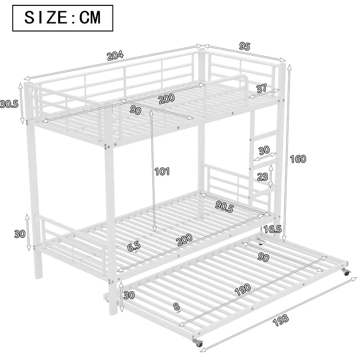 Bett 90x200/90x190 cm Etagenbett mit Ausziehbett, Weiß, Metall – platzsparend und EN-747-zertifiziert – Bild 9