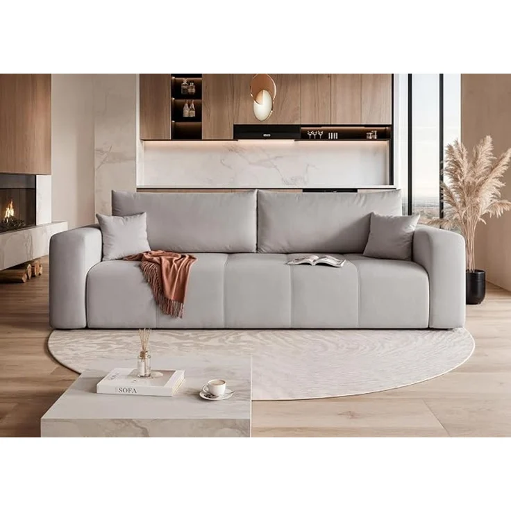 Multifunktionales Schlafsofa für kompakte Räume: mit Schlaffunktion (125 x 200 cm) und Stauraum; Konstruktion aus Massivholz & MDF; Ziernähte auf der Sitzfläche; 93 x 244 cm – Bild 2
