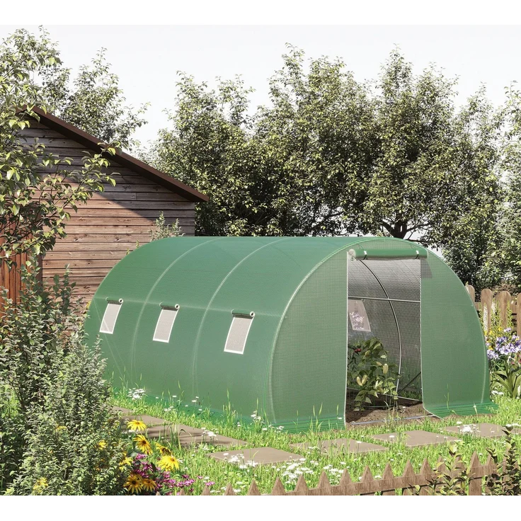 MELAYR, Tunnelgewächshaus 4,5x3x2 m mit aufrollbaren Seitenwänden, 6 Gitterfenstern und aufrollbarer Tür grün – Bild 4