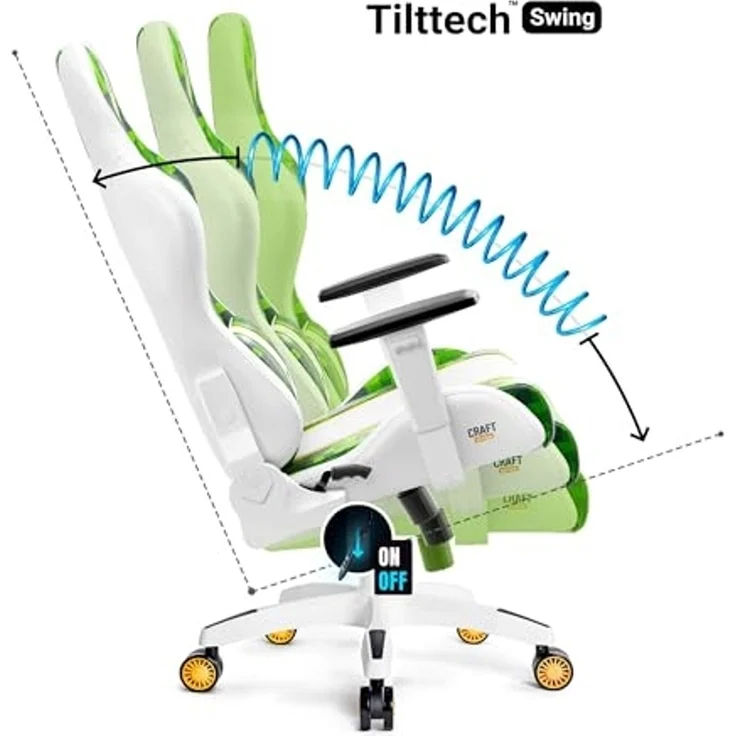 Diablo Chairs X-One 2.0 Craft Edition Kleiner Gaming-Drehstuhl ergonomischer Schreibtischstuhl mit Lendenkissen und Kopfstütze Rückenlehnenverstellung aus Kunstleder 64 x 33 x 120 cm Grün-Weiß – Bild 5