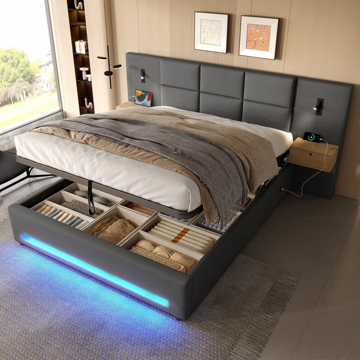 TavilaEcon Boxspringbett mit Samtkopfteil, praktischen Stauschubladen und LED-Nachtlicht grau Liegefläche 180 × 200 cm – Bild 1