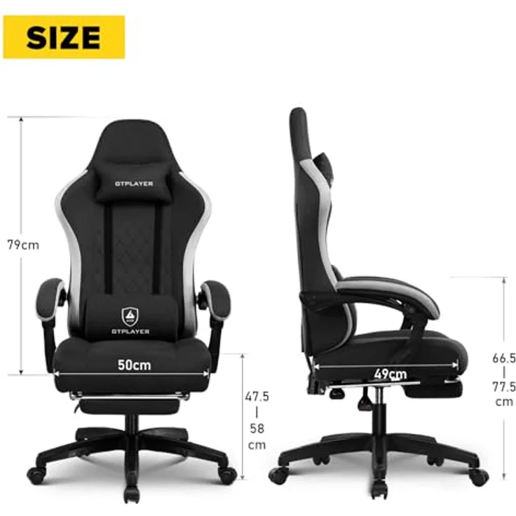GTPLAYER Gaming Stuhl Ergonomischer Gaming Sessel Schreibtischstuhl mit Stoffoberfläche, Federsitzkissen, Verbindungsarmlehnen und Fußstütze schwarz – Bild 12