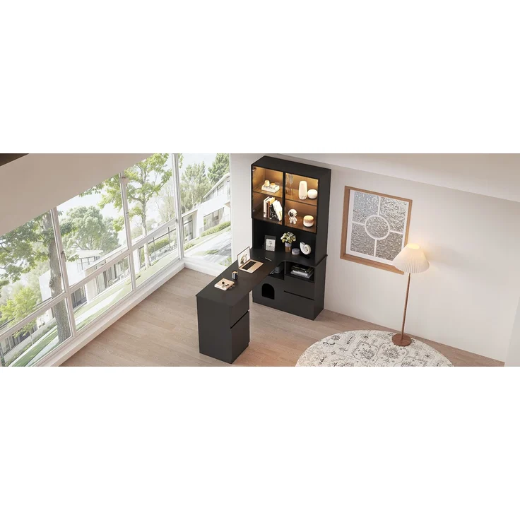 ZUBALIYA Eckschreibtisch mit Regal und LED-Vitrinenschrank 120×80×180 cm – Schreibtisch mit Kabeldurchlass, 3 Schubladen, 2 Türen, offenen Fächern,Ein Eckschreibtisch mit eingebautem Bücherregal ,Schwarz – Bild 14