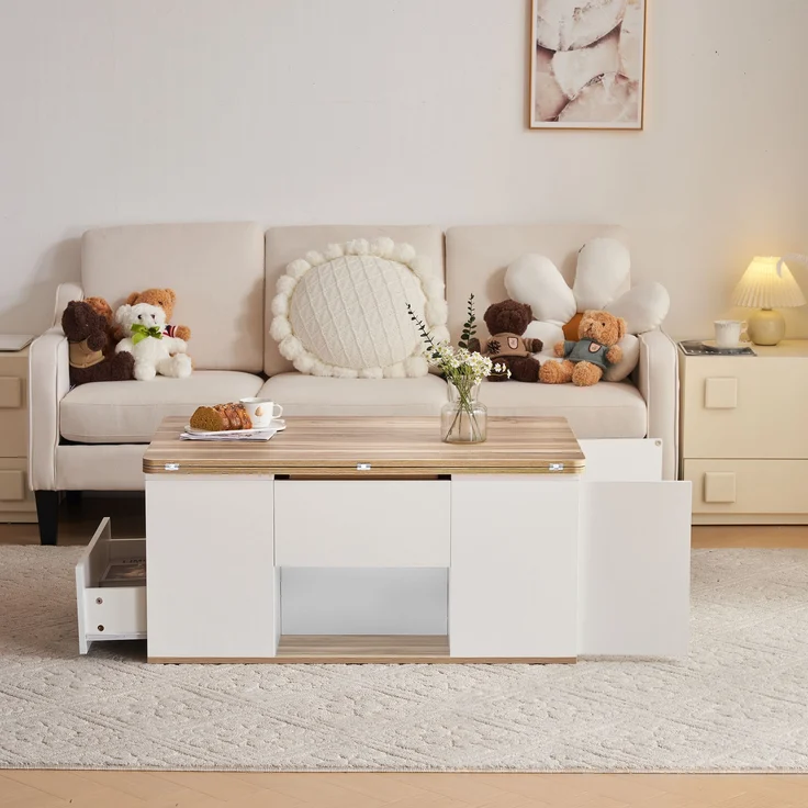Höhenverstellbarer Couchtisch, Weiß & Holz, 100x51x47 cm, mit 2 Schubladen – Bild 2