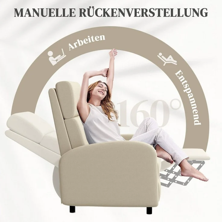 HOMCOM Relaxsessel Fernsehsessel mit Liegefunktion (gepolstert TV-Sessel, 1-St, Liegesessel mit Leinenoptik, Fußstütze), bis 120 kg Belastbar, für Wohnzimmer, Cremeweiß – Bild 4