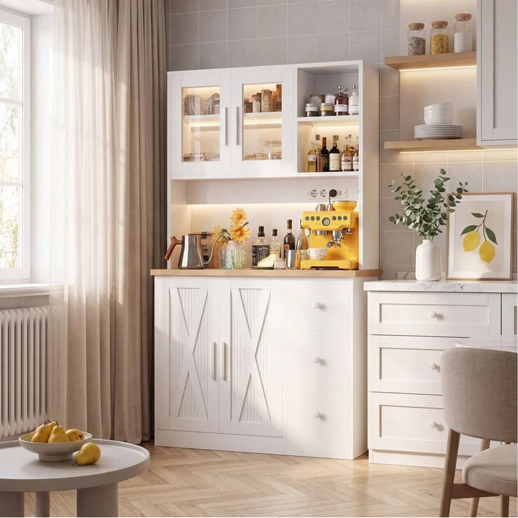 HOMALL Highboard Küchenbuffet Sideboards,Geschirr Insel Schrank (mit LED-Beleuchtung,Steckdose,staubgeschützter Glastür) – Bild 2