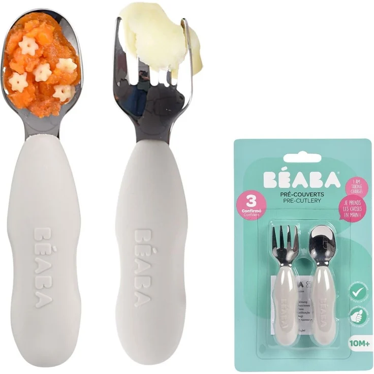 BÉABA, 2er-Set Edelstahl- und Silikon-Vorbesteck, Babybesteck, Kinderbesteck, ab 10 Monaten, Ergonomische Form, Ergonomischer Griff, Baby-Lernbesteck, Samtgrau