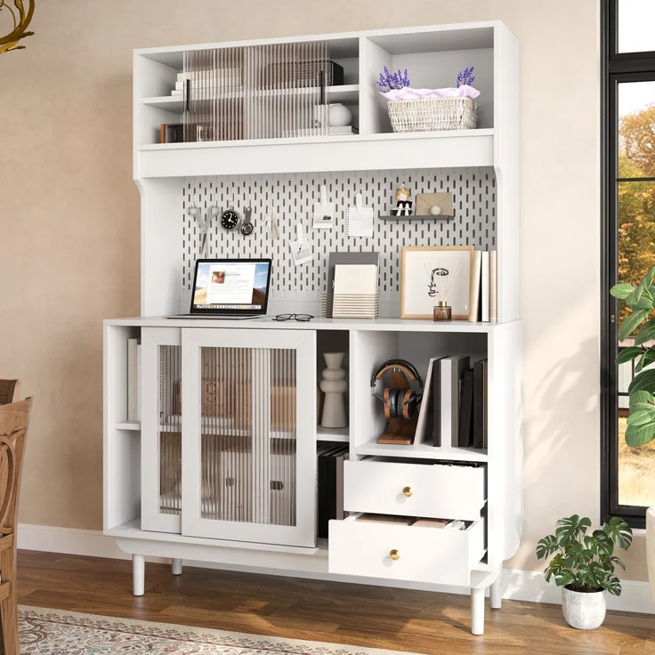 ZUBALIYA Hängeschrank (117 x 30 x 170 cm), 2 Türen, Schiebetüren, Stauraum für Wohnbereich, Küche oder Bad entsprechend dem Aufstellort, Weiß – Bild 2