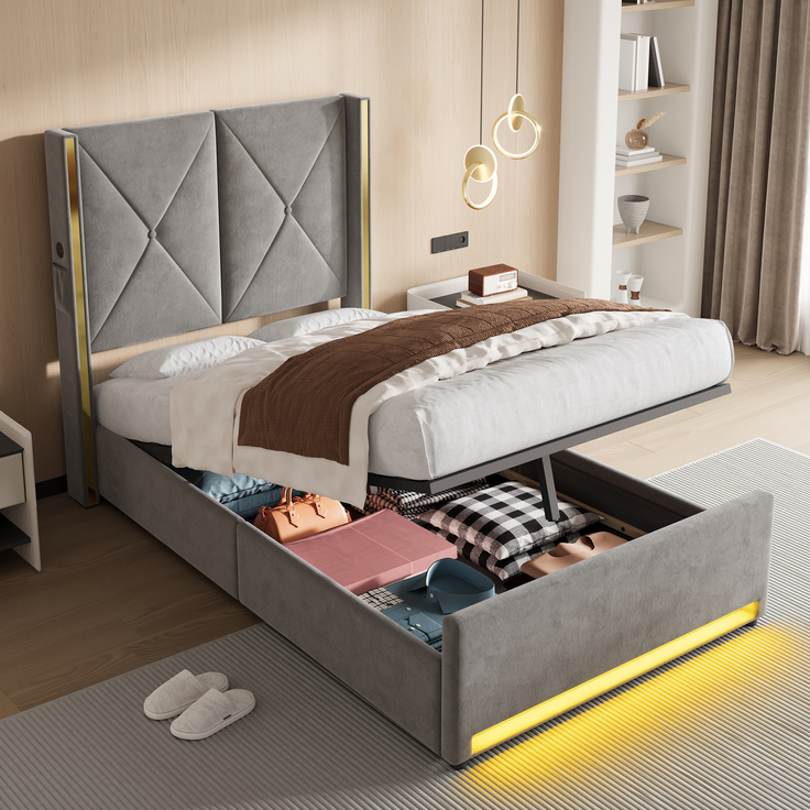 TavilaEcon Boxspringbett Veloursbett mit hohem Kopfteil, Seitentaschen & USB grau Liegefläche 90 × 200 cm – Bild 9