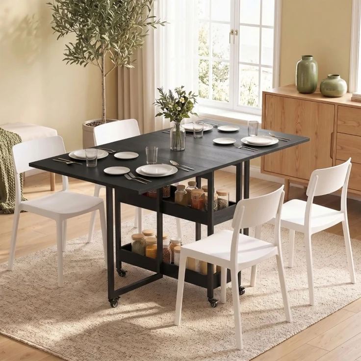JARDJ Klappbarer Esstisch im Industriedesign, für bis zu 4 Personen, offene Regale, flexibel, Metall, Spanplatte, Schwarz – Bild 2