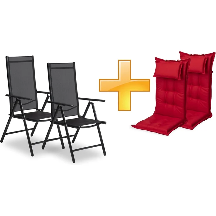 sunnypillow 2er Set Gartenstühle und Gartenstuhlauflagen Hochlehner | 120 x 50 x 9 cm Hochlehner Auflage wasserdicht UV-lichtecht | Klappsessel Klappstuhl für Garten Polsterauflagen Stuhlauflage | Rot