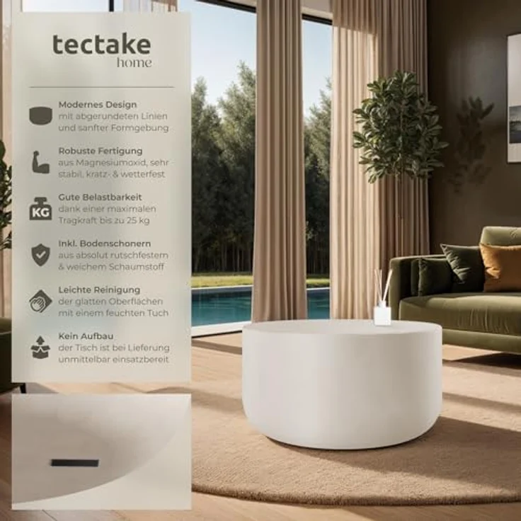 tectake Couchtisch Ronan, rund, Weiß, wetterfest aus Magnesiumoxid, Ø 80 cm, 39,5 cm hoch, geeignet für Innen- und Außenbereiche – Bild 4