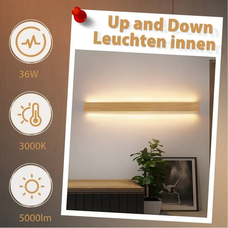 Nettlife LED Wandleuchte Holz 3000K warm weiße Wandbeleuchtung, Drehbar 330 °, LED fest integriert, Warmweiß, Wohnzimmer Schlafzimmer Flur Treppenhaus – Bild 2