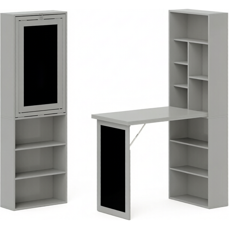 Klappschreibtisch aus MDF mit 9 Fächern und Tafel, 98x51x153 cm, Schwarz/Dunkelgrau – Bild 5