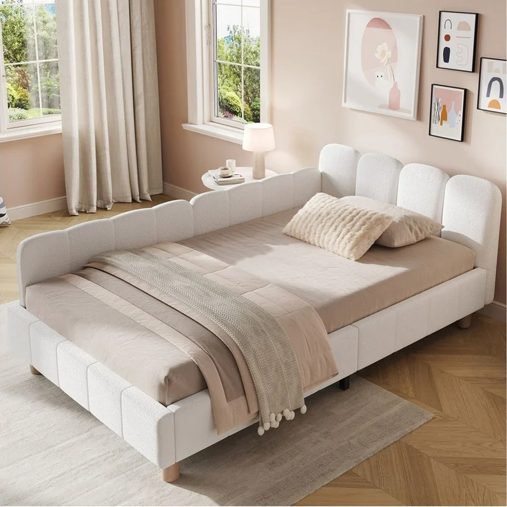 MODFU Polsterbett Inklusive Rausfallschutz für mehr Sicherheit (Packung, 1-tlg, aus Bouclé Stabile Massivholzbeine, geeignet für Kinder & Jugendliche), 90x200 cm mit variablen Armlehnen und Lattenrost(ohne Matratze) – Bild 2