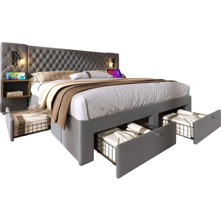 EINHOM Bettanlage Schlafzimmer Komplett Set, Polsterbett Doppelbett 160 x 200 cm mit 2 Nachttischen und 4 Schubladen, Kopfteil Leselicht mit USB Ladefunktion, Samt, Grau, (Ohne Matratze) – Bild 7
