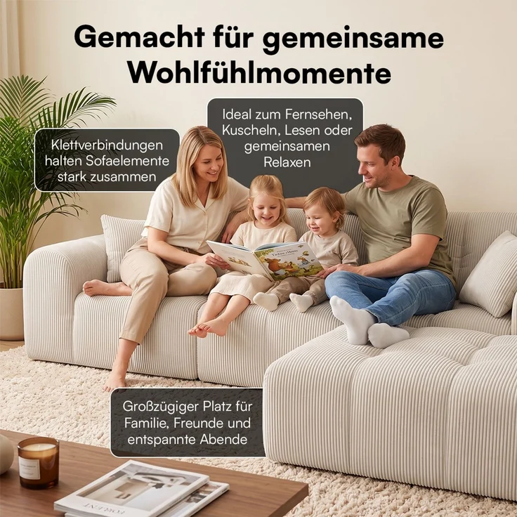 skølm 'Vanaheim' Sofa 3 Sitzer mit Hocker & 2 Kissen, Cloud Sofa Cord beige, Vollschaumcouch mit Federkern und Vakuum-Kompression, kein Aufbau erforderlich – Bild 4