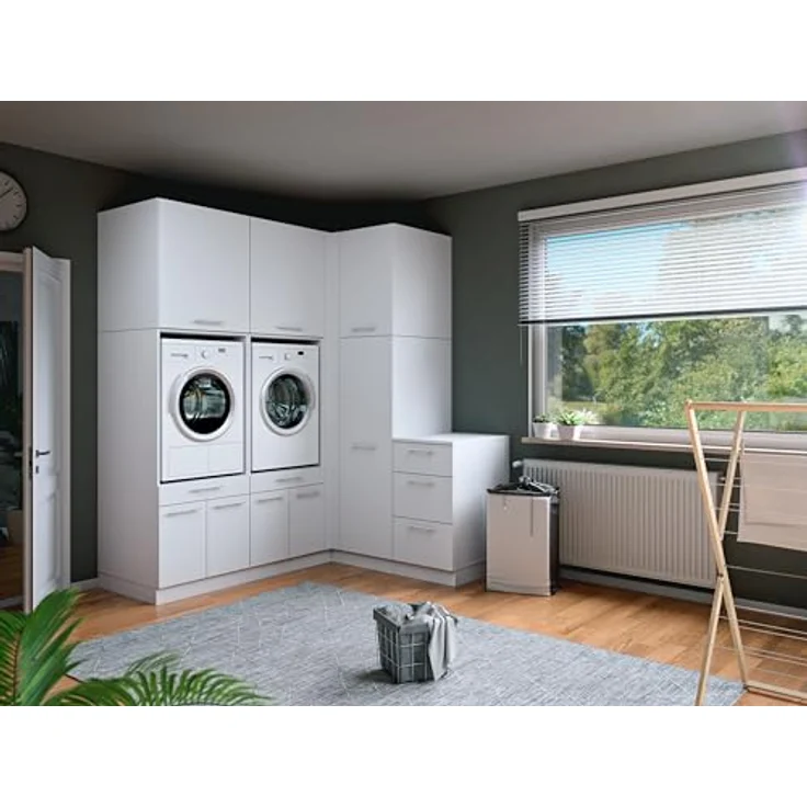 Laundreezy Waschraum Komplett-Set, Weiß - Modulares Schranksystem für Waschküche & Hauswirtschaftsraum - 203 x 238 x 68 cm (B/H/T) – Bild 7