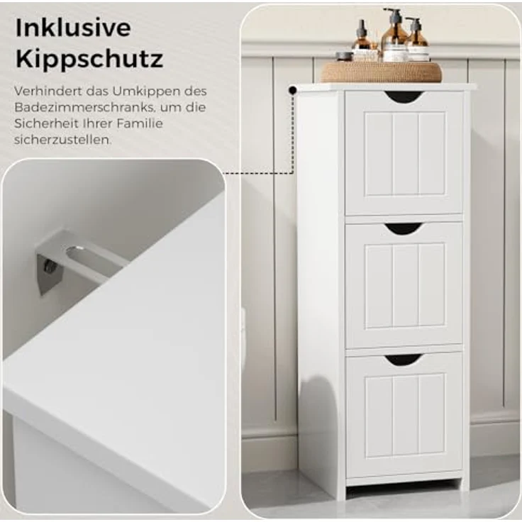 Sweetcrispy Badezimmerschrank schmal modern, Badkommode mit 3 Schubladen, Hochglanz Weiß, großer Stauraum, Badezimmer Kommode, 32 x 30 x 81cm – Bild 6