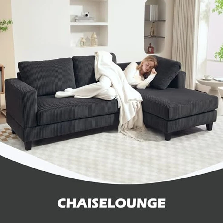 HOMCOM Ecksofa Sofa mit Chaiselongue Cord-Optik Hochdichtem Schaumstoff, bis 400 kg, L Form Couch 1 Teile, für Wohnzimmer, Schlafzimmer, 214 x 134 x 84 cm Dunkelgrau – Bild 4