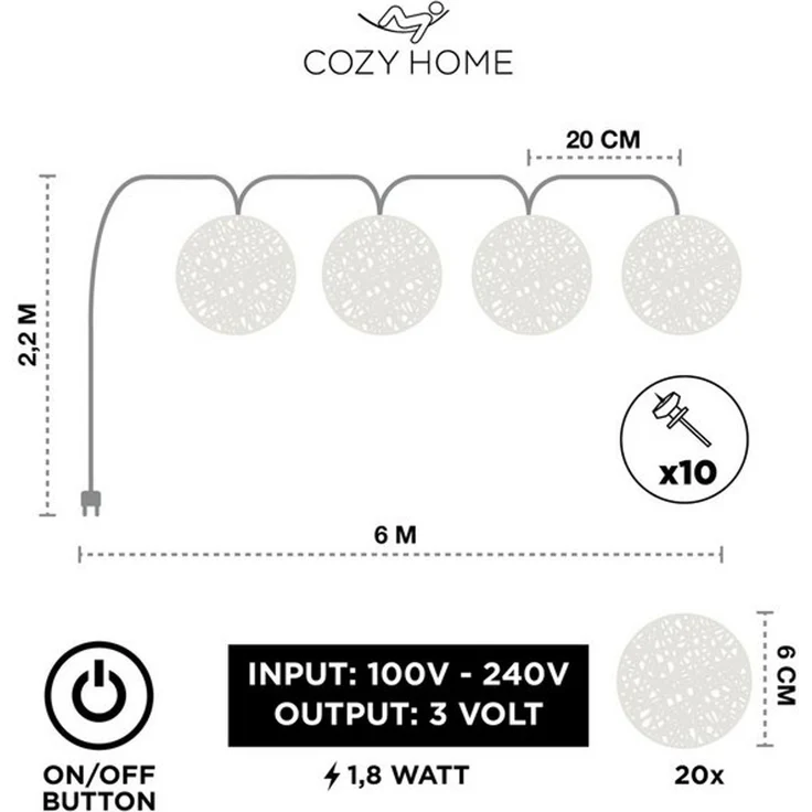 COZY HOME LED-Lichterkette Cotton Balls - Strombetrieben, 20 LED I 6m I Warmweiße LED-Cotton Ball I Hausbett Bunt Deko – Bild 4