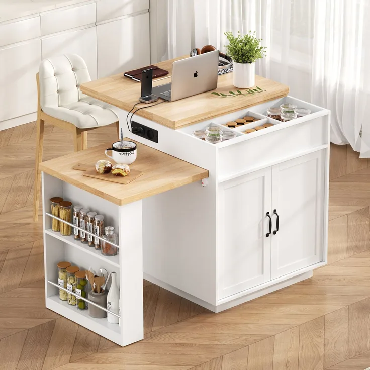 Kücheninsel 125,5-187,5x71x93 cm mit LED-Beleuchtung, USB-Anschluss und Stauraum