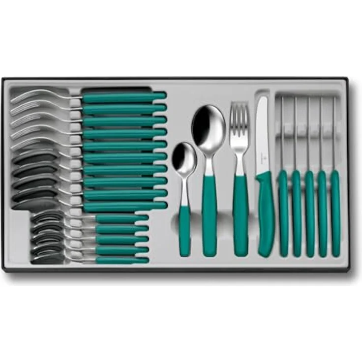 Victorinox Classic Besteck-Set, mit Tafelmesser, Gabel, Löffel, 24-teilig, Extra Scharfe Klinge, Wellenschliff, 11 cm, Rostfreier Stahl, Grün – Bild 2