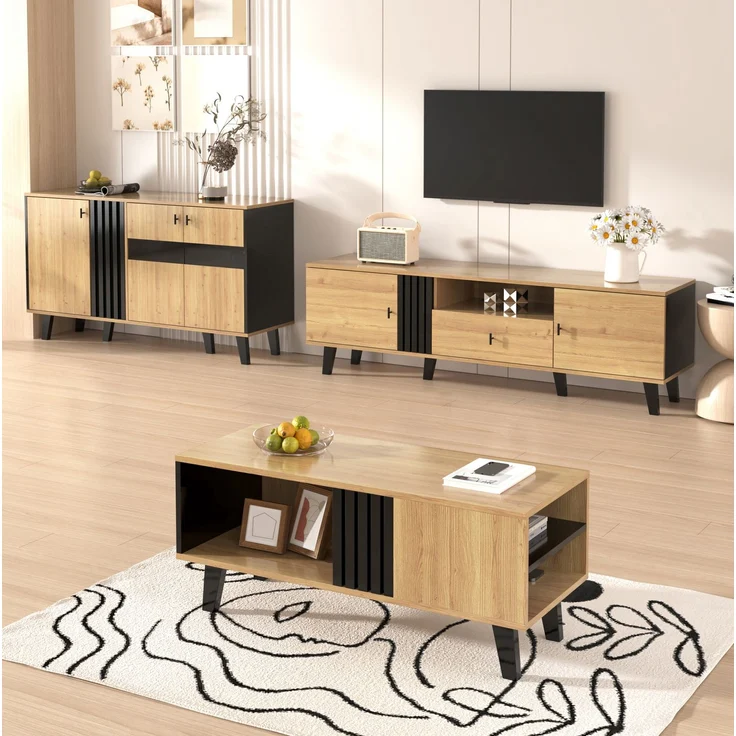 DESVIAE Sideboard-Set 3-tlg. mit LED-Beleuchtung und Stauraum, Spanplatte/Glas, Schwarz/Holzfarbe, 140x78,5x41 cm – Bild 3