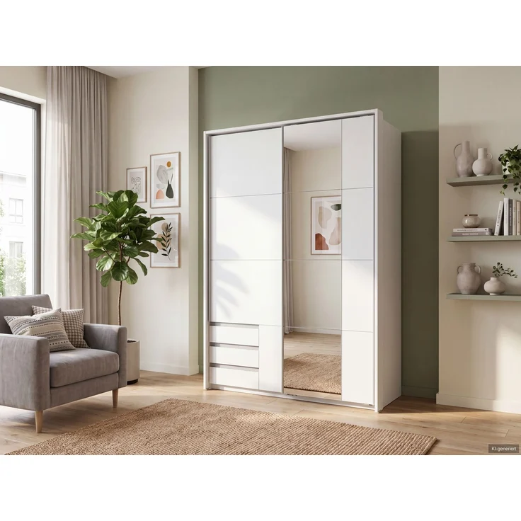 Schwebetürenschrank 2tg Kleiderschrank 138cm Weiß Schublade Spiegel Passepartout – Bild 3