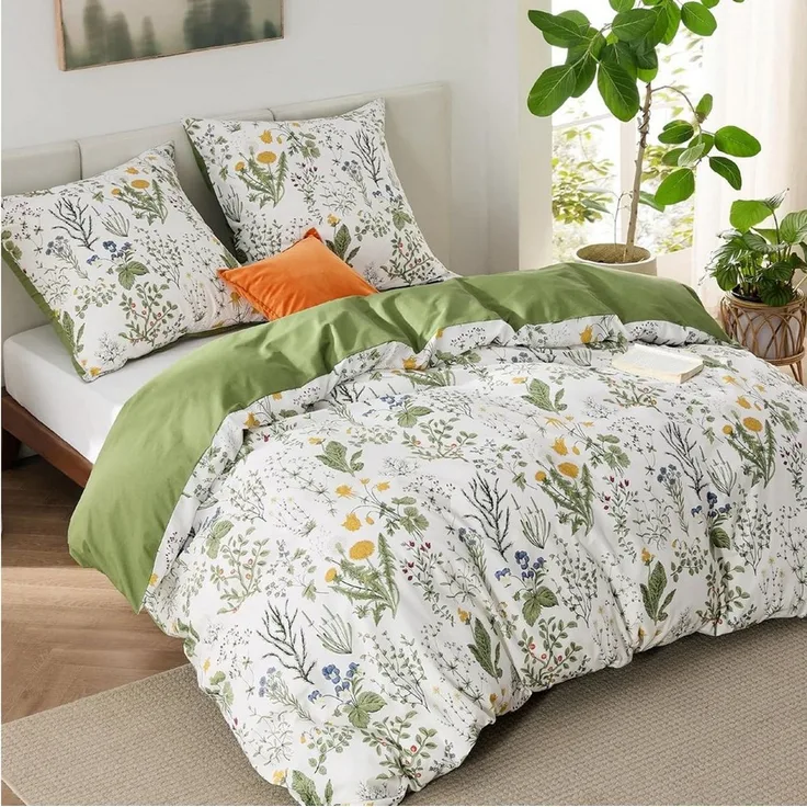 ibettertec Bettwäsche Bettwäsche Set Salbeigrün Blumen Bettwäsche Wendbar mit Reißverschluss, Bettwäsche Grün Blümchen Blumen und Kissenbezug 80x80 cm