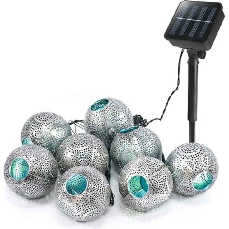 esotec LED Gartenleuchte Solarkette 8 Kugeln ALMA 2m +2m Kabel 5000K silber/eisblau 102805, Dauerlicht ON/OFF, LED fest integriert, 2500K warmweiß, Farbe: silber / blau, Punkt-Ornament-Verzierung