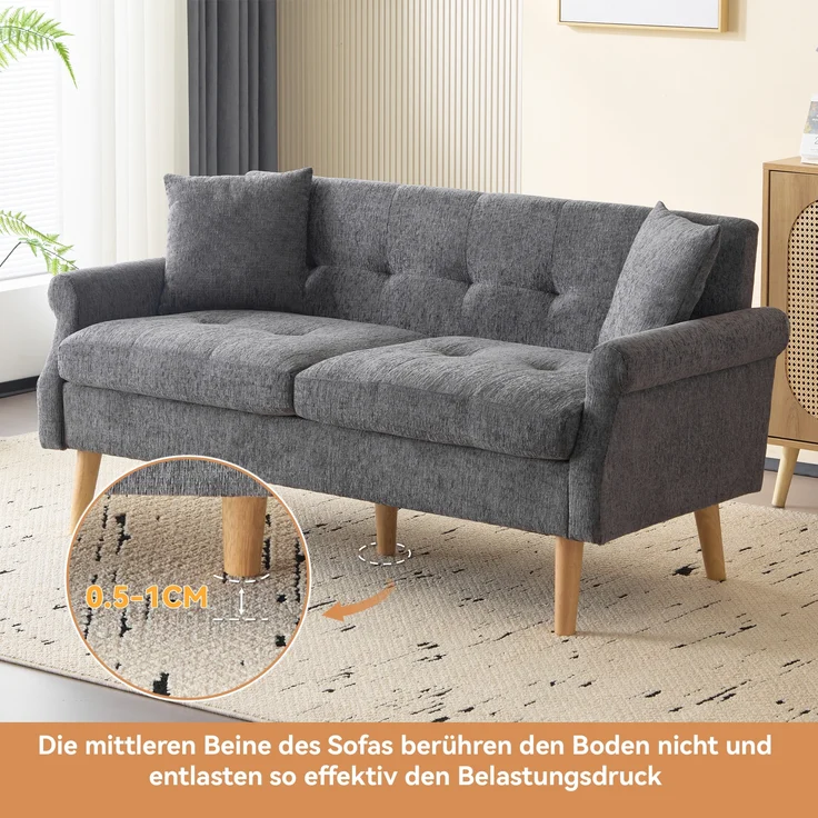 Kompakt Sofa mit 15 cm Sitzkissen & Massivholzfüßen, Chenille, 162x74x77 cm, Grau – Bild 8