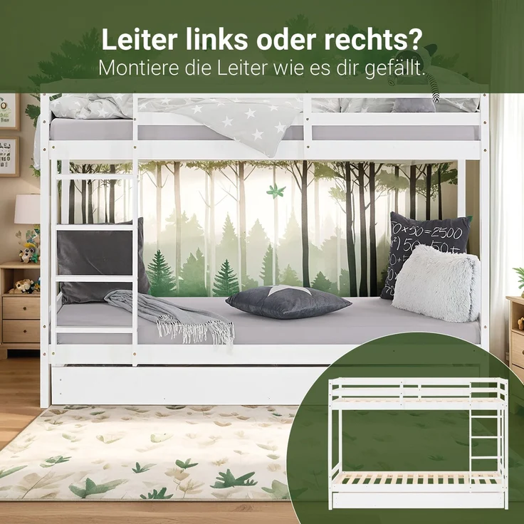 Homestyle4u Etagenbett mit Bettkasten, Kiefernholz weiß, 90x200 cm – Bild 6