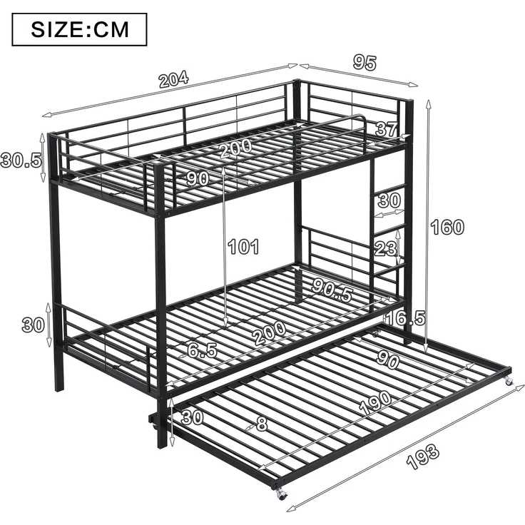 EINHOM Eisenbett, Etagenbett, Geeignet für Kinder und Jugendliche, mit Ausziehbett, Vier Seitengitter am Oberen Bett, Eisen, Schwarz, 90 x 200 Cm&90 x 190 cm (Ohne Matratze) – Bild 2