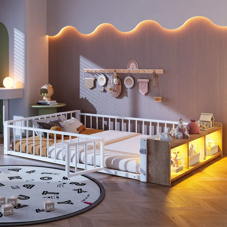 Kinderbett mit LED-Streifen, Regal, Zaun, Lattenrost und Tür, 140x200 cm, Einzelbett mit Rausfallschutz, Metallbett – Bild 3