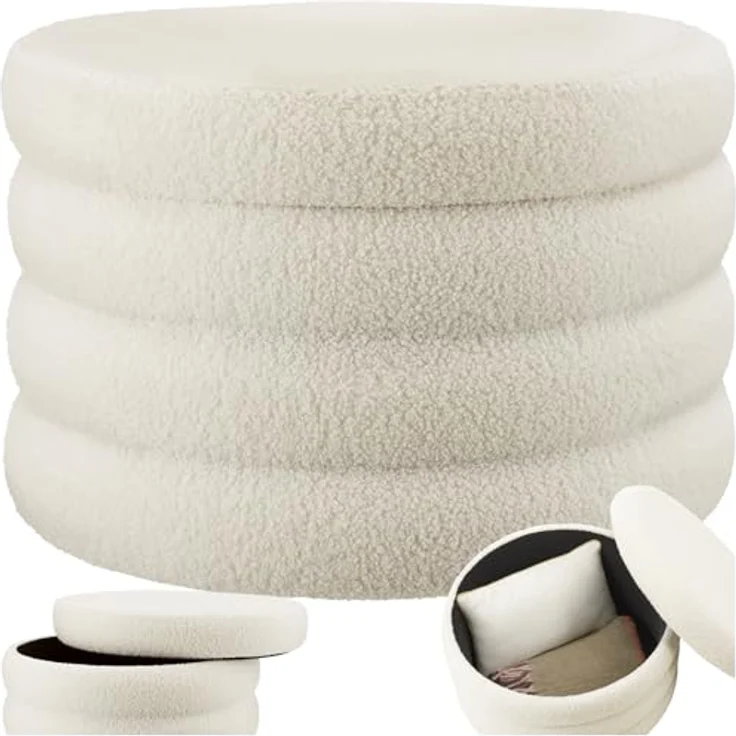 tectake® Hocker mit Stauraum, XL Scandi Sitzhocker Bouclé Teddy Stoff, Pouf, Polsterhocker rund für Schminktisch, Schlafzimmer, Wohnzimmer Möbel, als Flur Möbel, Stauhocker Wohnen - Bouclé Creme-weiß – Bild 2